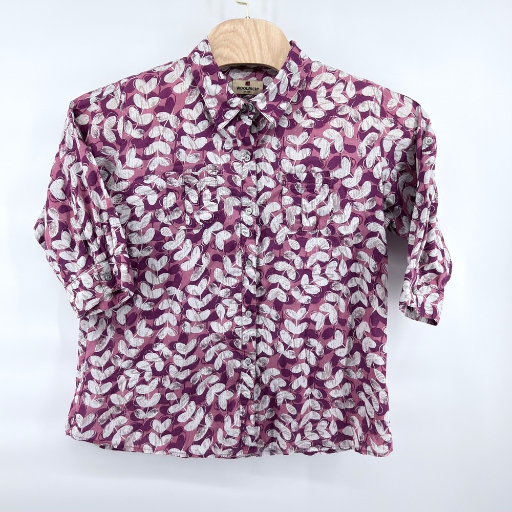 Woolrich Womens 2XL Mulberry Purple Leaf Print 3/4 Sleeve Cottonโ Button Up Top